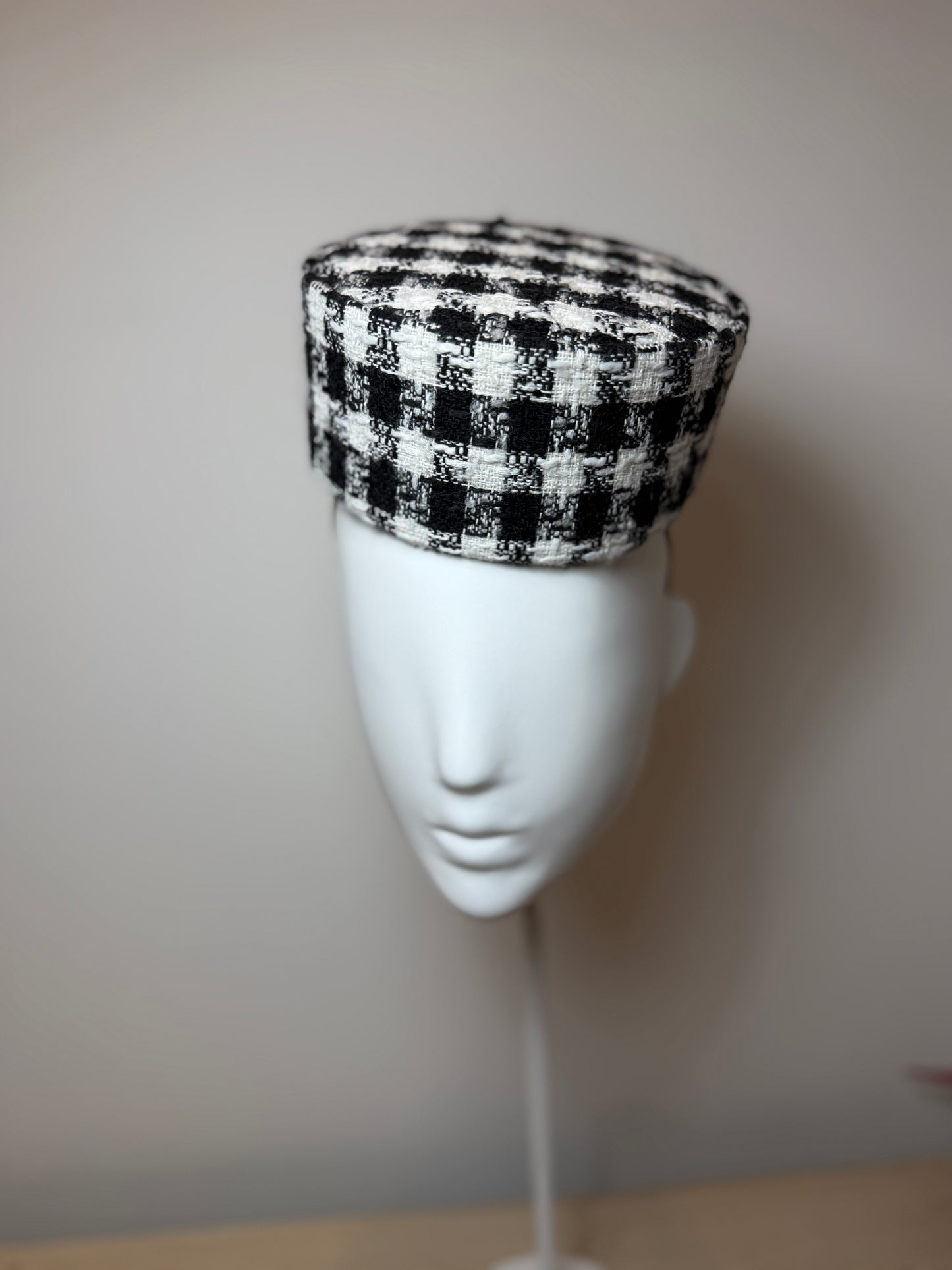 Black and white tweed pillbox